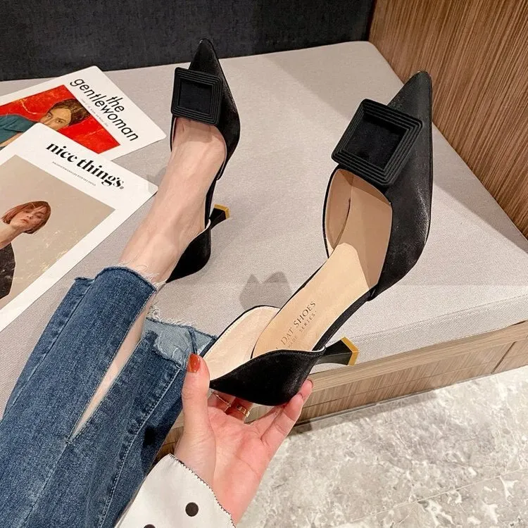 2021 Summer New Shoes Women's Shoes Slip-on Shoes Summer Pu Pointed Toe Horseshoe Heel Low Mouth High Heel Satin PU creamy-white