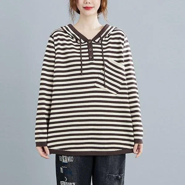 New 2020 Autumn Simple Style Vintage Striped Loose Comfortable Female Hooded Sweatshirt