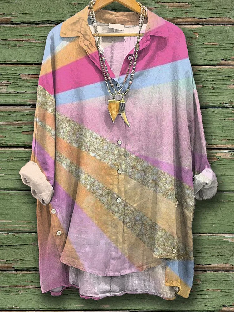 Women's Simple Color Splicing Print Casual Cotton And Linen Shirt