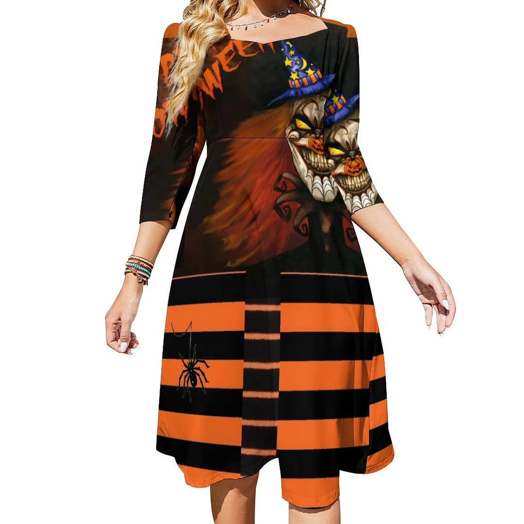 Halloween Skeleton Clown Spider Witch Moon Dress Sweetheart Tie Back Flared 3/4 Sleeve Midi Dresses