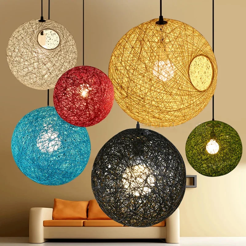 Colorful Rattan Ball Pendant Light Woven Wicker Ceiling Hanging Lamp