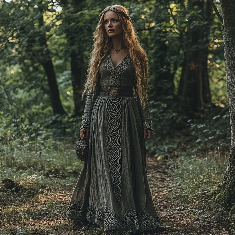 Vintage Celtic Knot Pattern V-neck Linen Blend Midi Dress