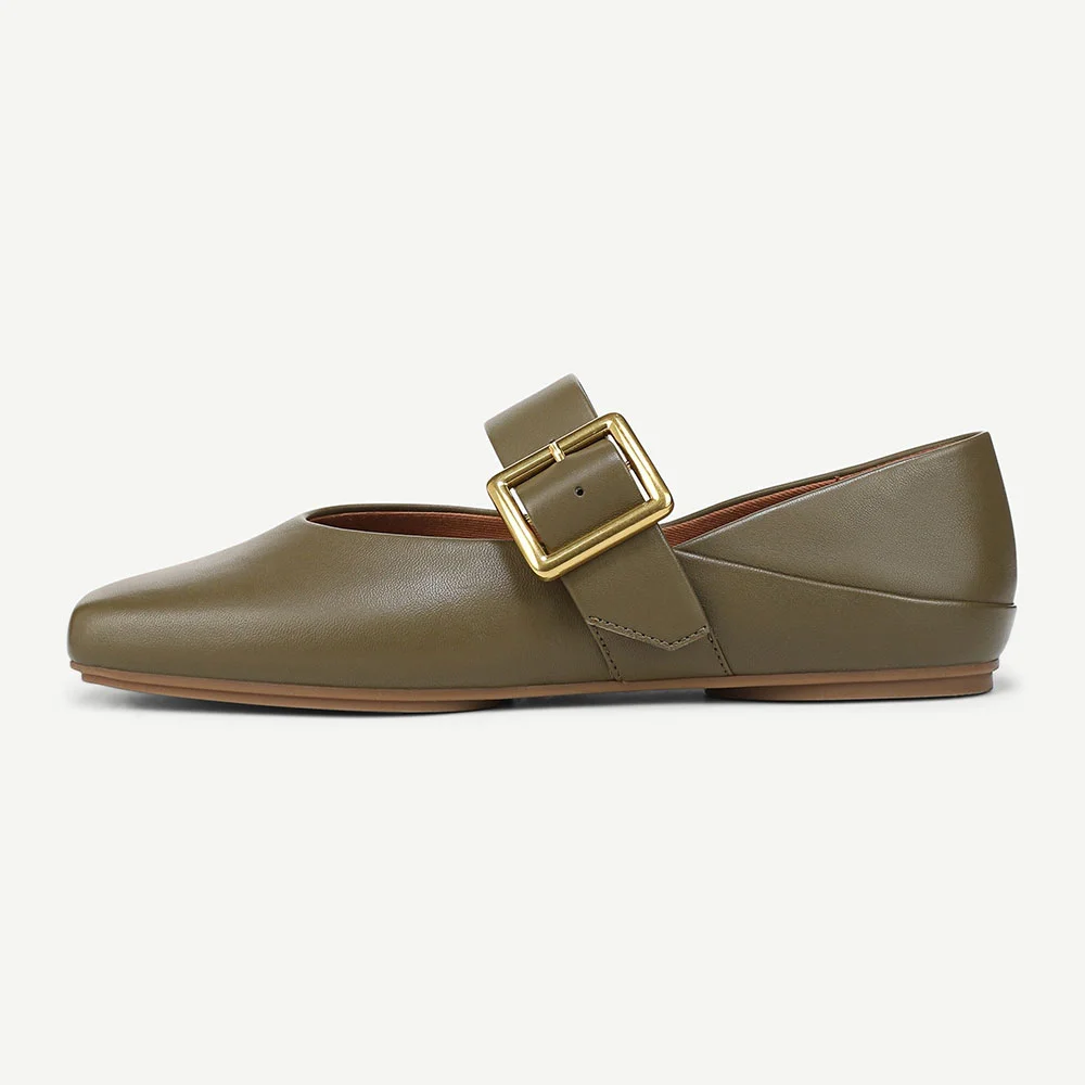 Fashion Olive Square Toe Flat Comfy Buckle Women's Mary Jane Shoes