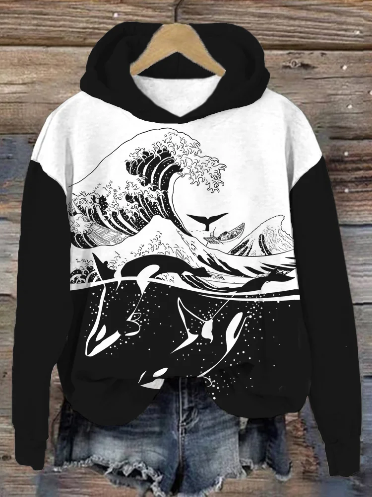 The Wave with Killer Whale Art Contrast Cozy Hoodie