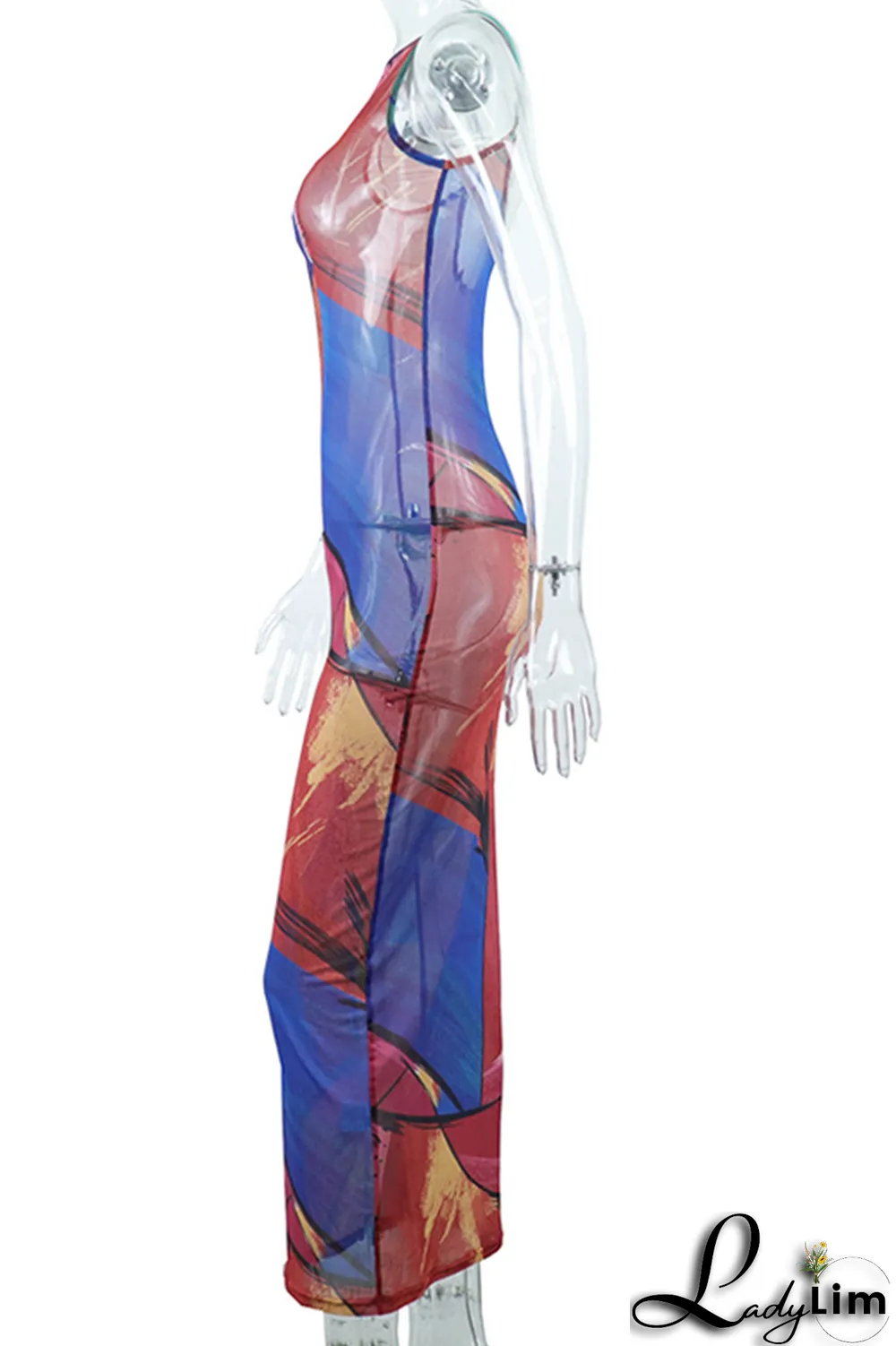 Rose Red Sexy Print Mesh O Neck Pencil Skirt Dresses