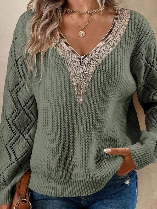 Athvotar Athvotar V-Neck Lace New Sweater Loose Casual Jacket Women's Knitwear Shirt