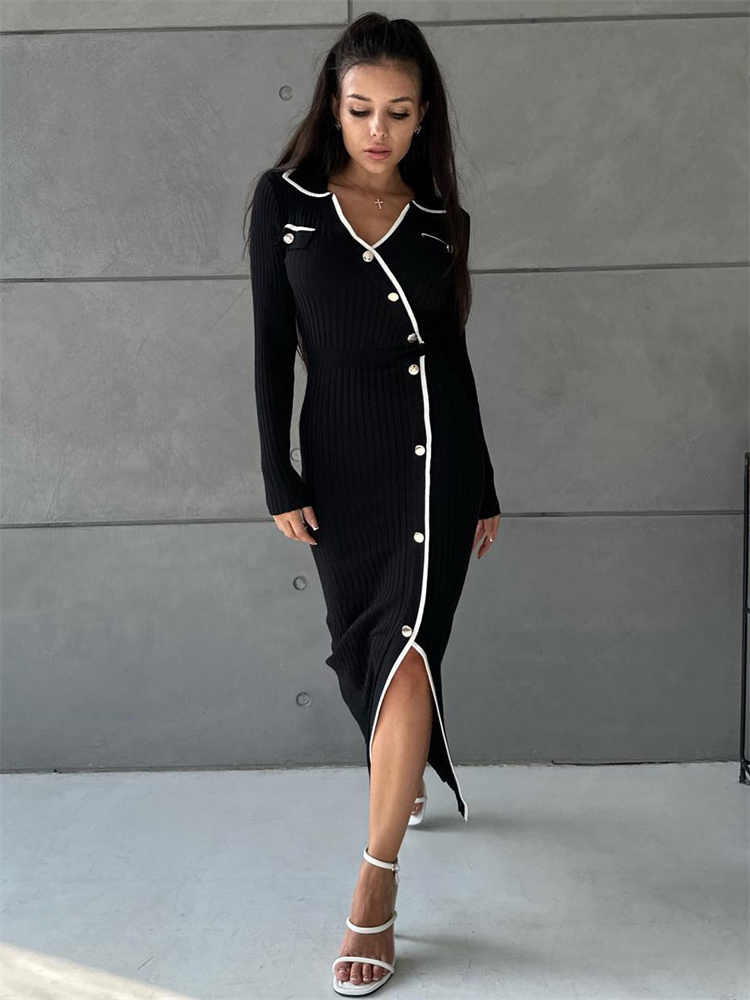 Ootddress White Patchwork Knit Maxi Dress For Women Slim Lace-Up High Waist Split Elegant Party Dress Fashion Lapel Knitwear Dress