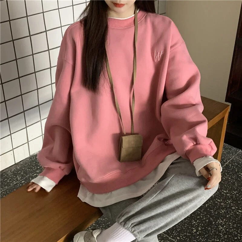 2021 Splicing Pullover Women Autumn Winter Fleece Thick Korean Version Oversized Hoodies O Neck Long Sleeve Girl Sweatshirt