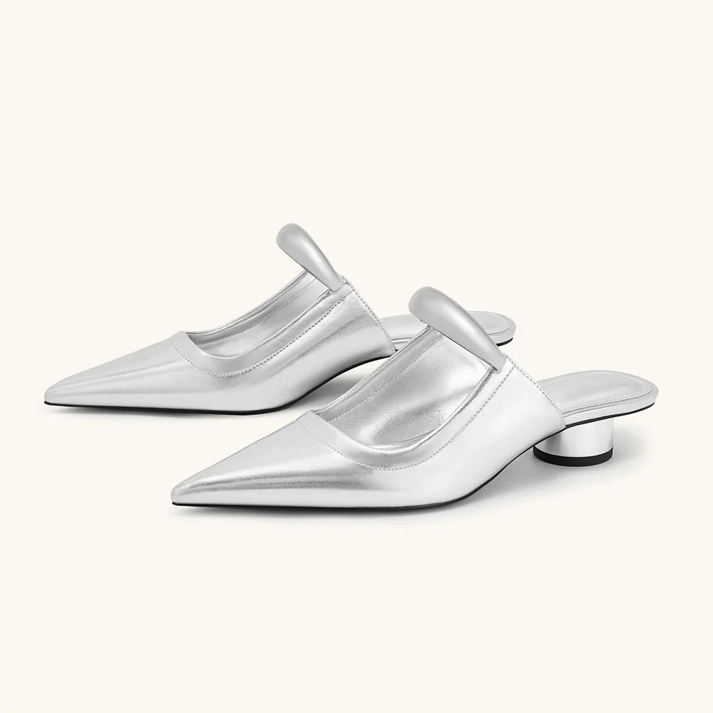 Chic Silver Metallic Cylinder Heel Slip On Metal Strap Pointy Toe Mules