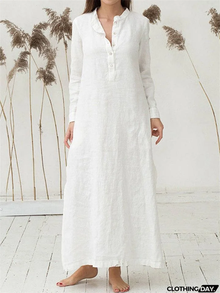 Autumn Winter Casual Cotton Linen Lapel Sundress Women's Dresses