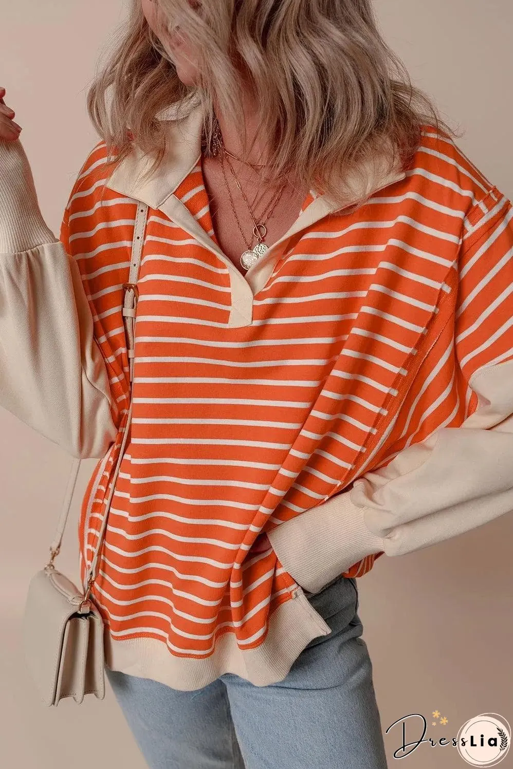 Orange Stripe Color Block Loose Fit Collared Drop Shoulder Sweatshirt