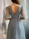 Blue Sparkling Tulle Puff Lantern Sleeve Tea Length Dress Fairycore Ball Gown Formal Robe A Line Corset Bodice Deep V Neck Pocketed Dresses