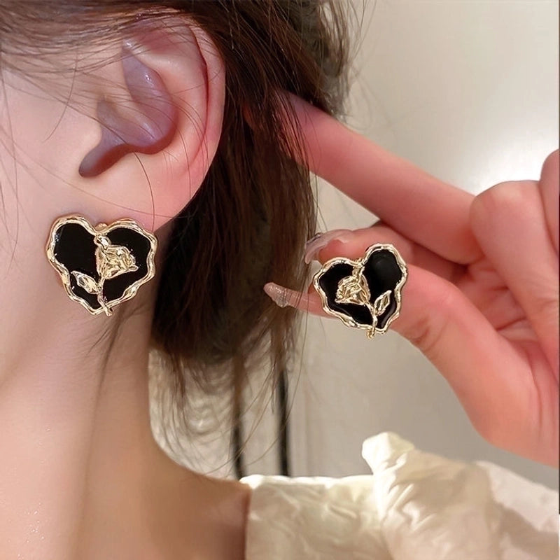 3 Pieces Sweet Heart Shape Rose Flower Inlay Imitation Pearl Alloy Rhinestones Earrings