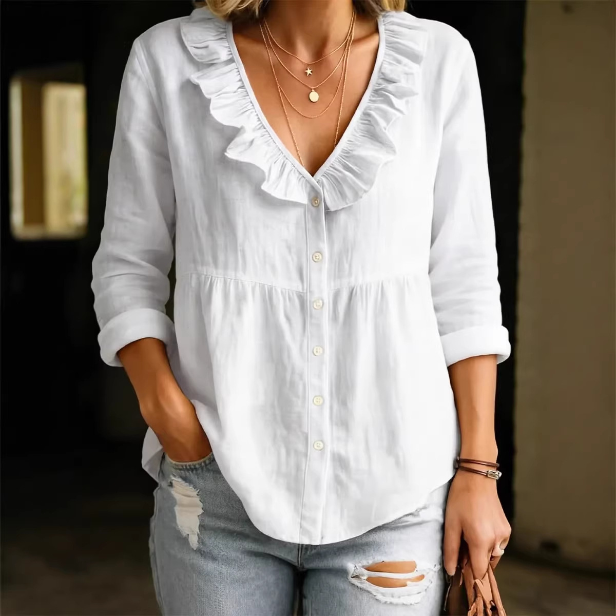 Casual Linen Ruffle Collar Shirt elevenforest