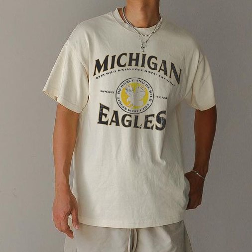 Men's American Retro Street Trend Loose Casual Apricot Letter Print T-Shirt、、URBENIE