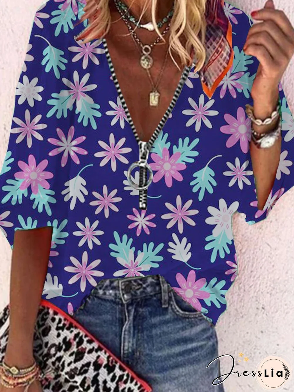 Floral Half Sleeve Zipper Polyester V neck Casual Summer Blue Shirt