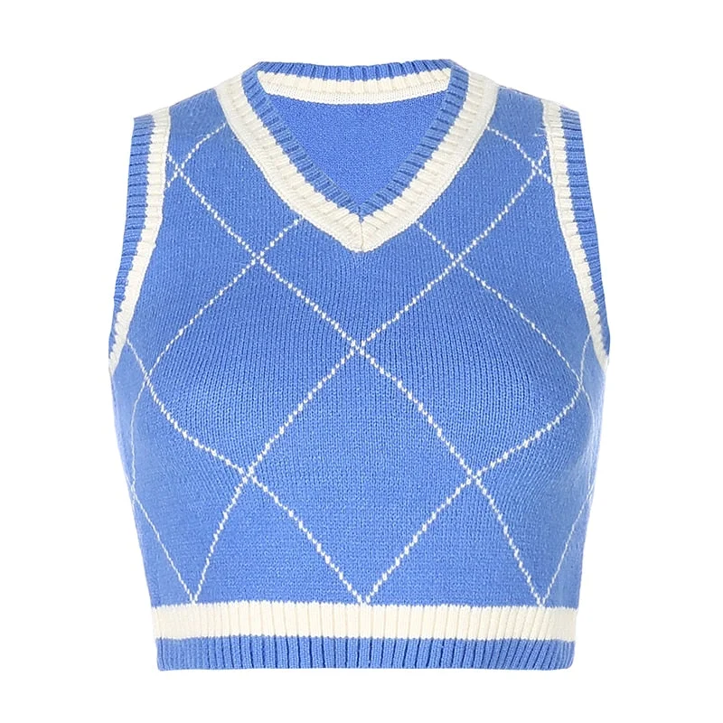 HEYounGIRL Y2K Argyle Sleeveless Sweater Vest Women Preppy Style V Neck Knitted Crop Jumper Autumn Casual Plaid Tank Knitwear