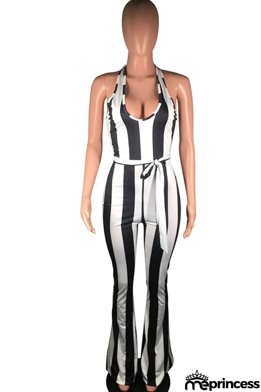 Black Fashion street Striped Backless Polyester Sleeveless V Neck Jumpsuits