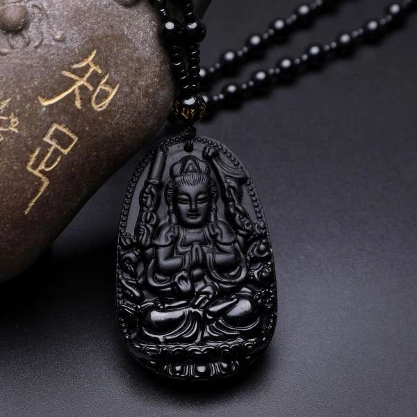 Natural Black Obsidian Chinese Zodiac Protector Amitabha Buddha Pendant Beaded Necklace