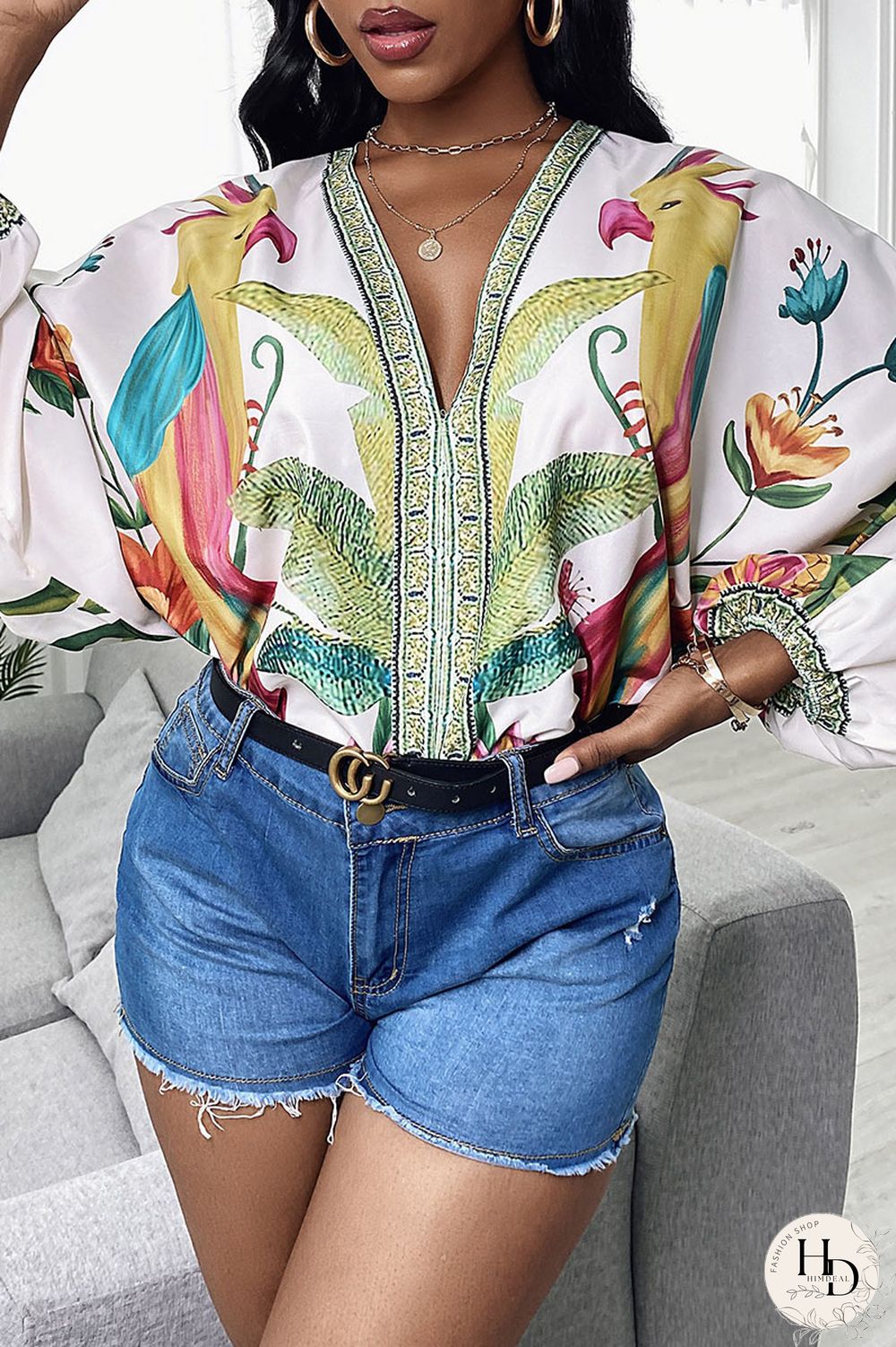 White Fashion Casual Print Split Joint V Neck Tops