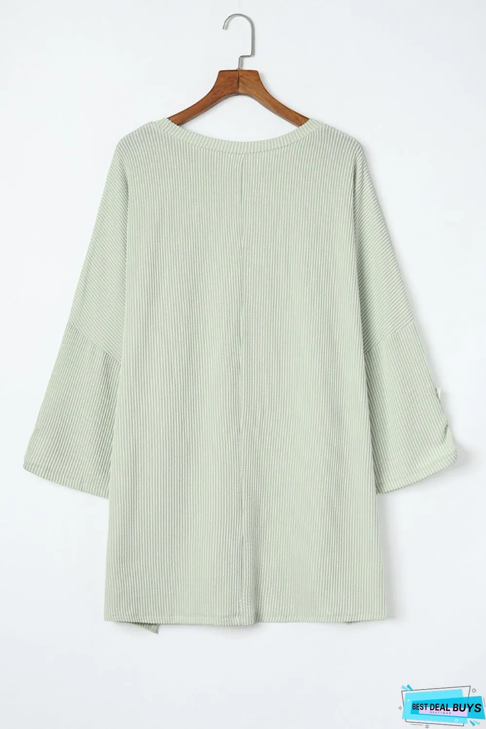 Ribbed Roll-tab Sleeve Oversize Top