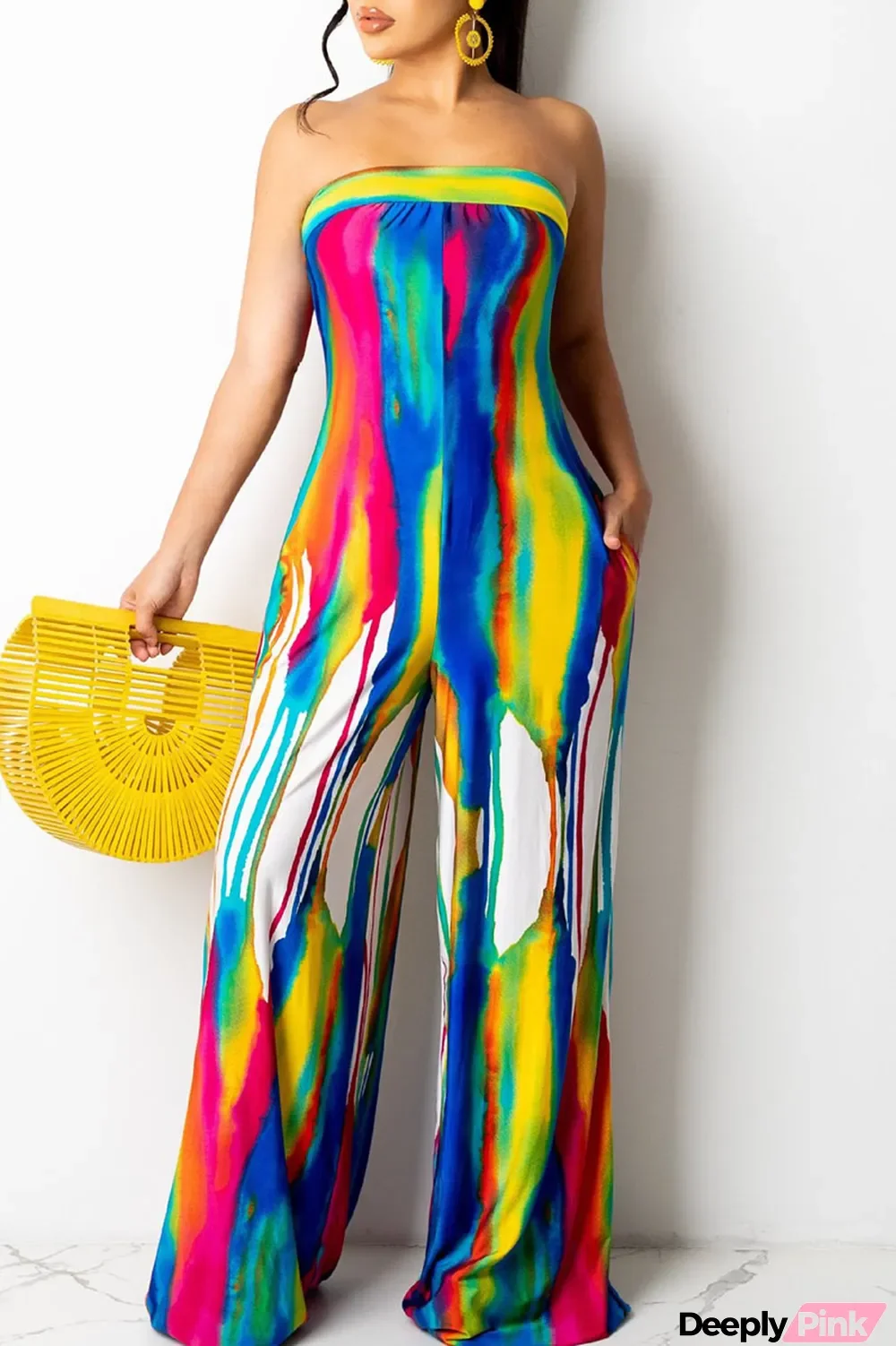 Yellow Sexy Print Bandage Split Joint Strapless Straight Jumpsuits