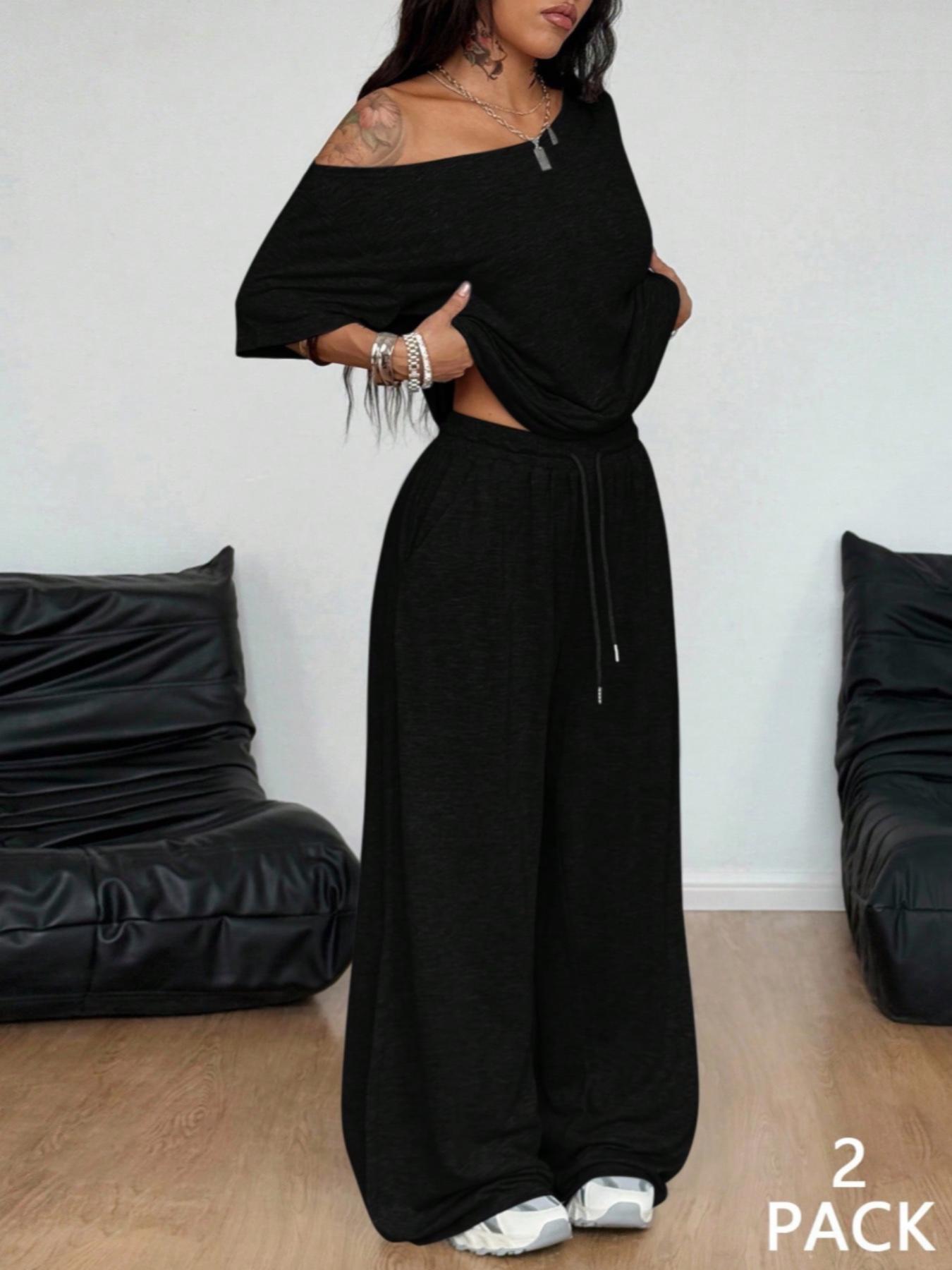 2pcs/Set Women's Minimalist Basic Casual Daily Wear Everyday Going Out Sport Comfortable Baggy Off Shoulder T-Shirt And Wide Leg Pants Two Pieces Outfits