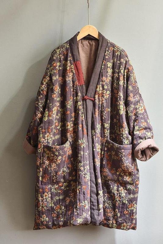 Plus Size - Retro Loose Warm Floral Pocket Coat