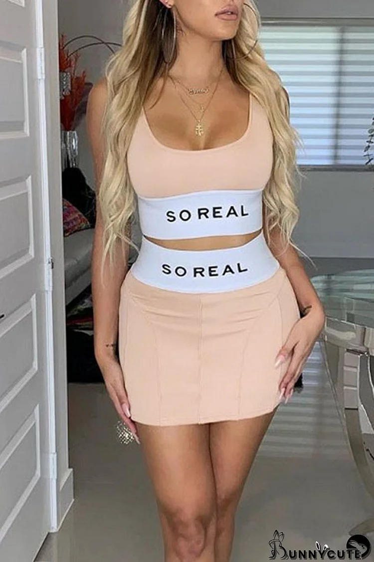 Pink Sexy Print Split Joint U Neck Two Pieces