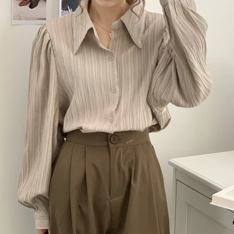 Abebey New 2023 Chic Vintage Elegant Office Lady Puff Sleeve Korean Fashion Women Autumn Winter Blouses Shirts Tops