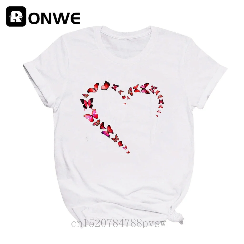 Women Butterfly Love Heart Fashion 90s Black T-shirt Girl Harajuku 90S White Clothes Female Graphic Top Tee,Drop Ship
