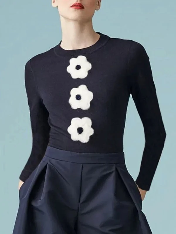 Long Sleeves Skinny Flower Print Round-Neck T-Shirts Tops