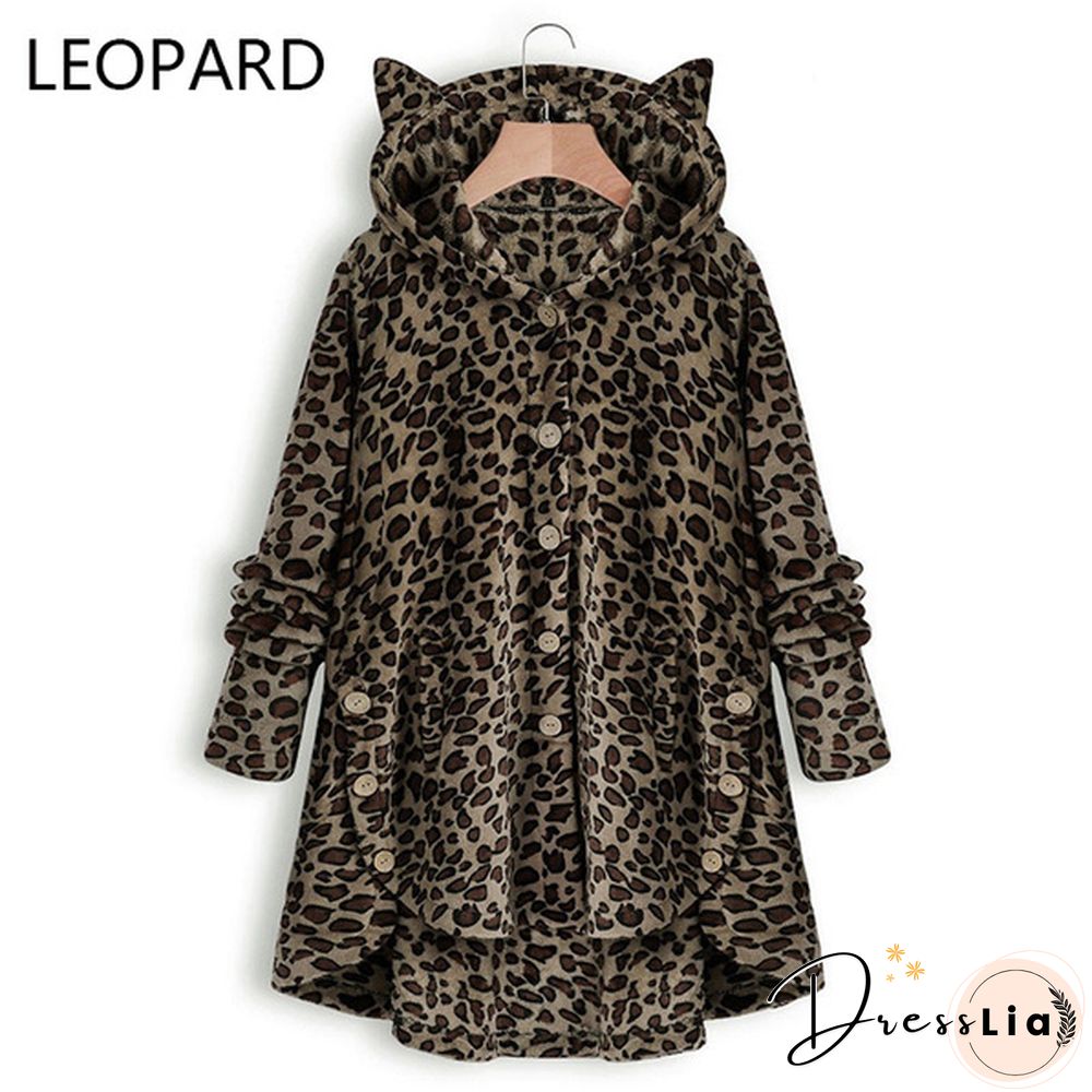 Fashion Women Coats Autumn Winter Outwear Tops Solid Color Plush Loose Cute Cat Ears Warm Fur Cardigan Coat with Pocket Plus Size S-5XL