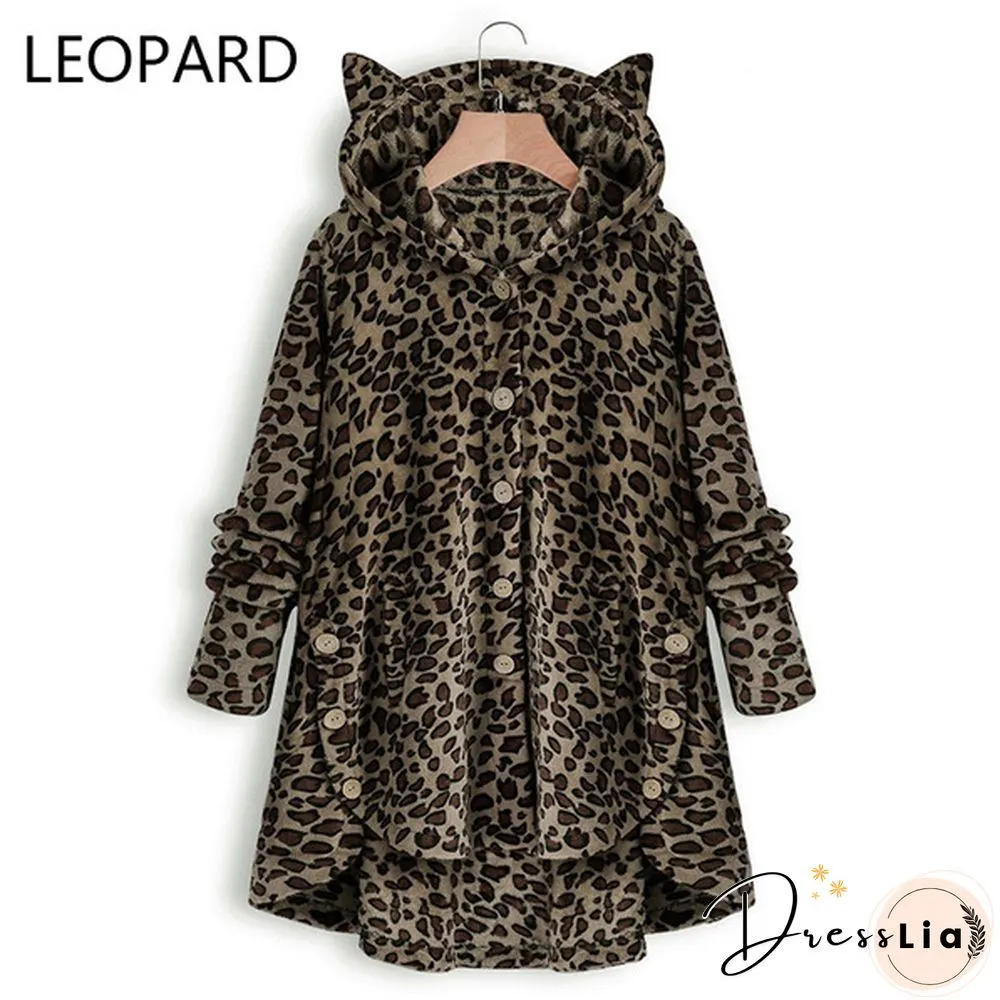 Fashion Women Coats Autumn Winter Outwear Tops Solid Color Plush Loose Cute Cat Ears Warm Fur Cardigan Coat with Pocket Plus Size S-5XL