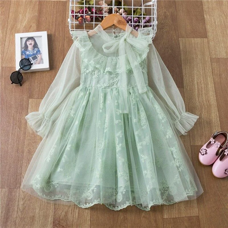 2021 Summer Autumn Girls Princess Dress Lace Party Dress Back Hallow Out Kids Vintage Vestido Flower Children Clothes 3 to 8 yrs