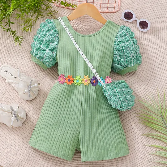 【2Y-7Y】Girls Floral Puff Sleeve Jumpsuit With Bag
