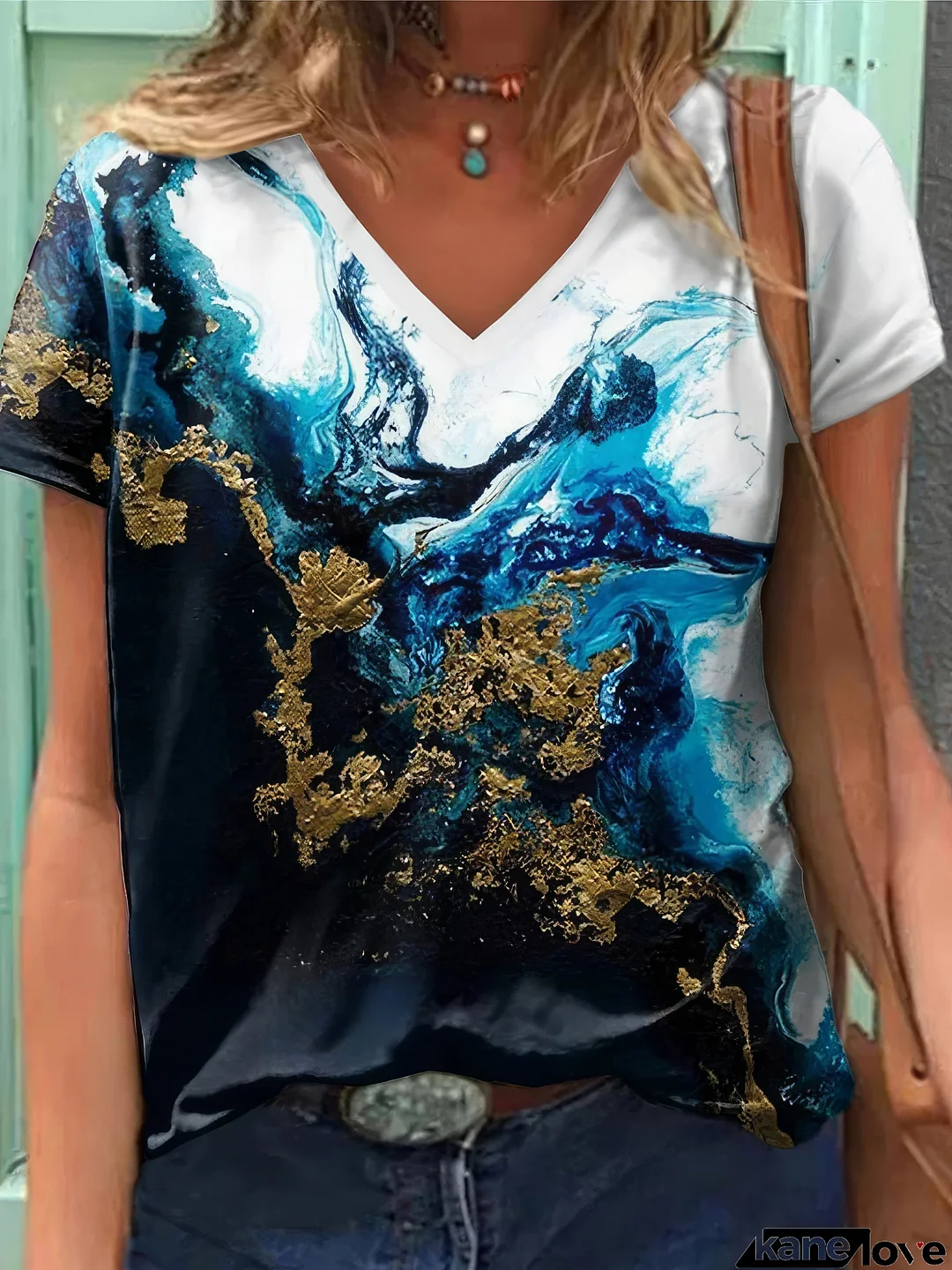 Printed V-Neck Short Sleeve T-Shirt