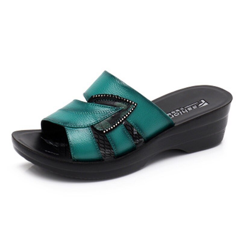 Wongn Women Slippers Genuine Leather Casual Slides Women Summer Shoes Retro Solid Mother Shoes Wedges Flip Flops sandals