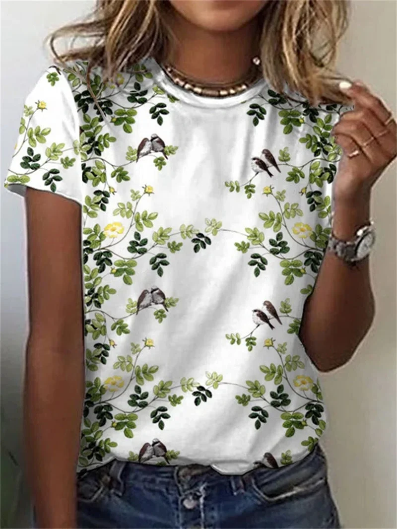 Women's Flower Print Short Sleeve Round Neck Casual Top T-Shirt
