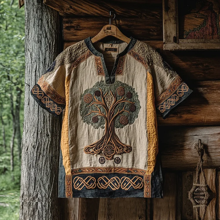 Men's Viking Tree Of Life Tribal Celtic Patchwork Art Linen Shirt