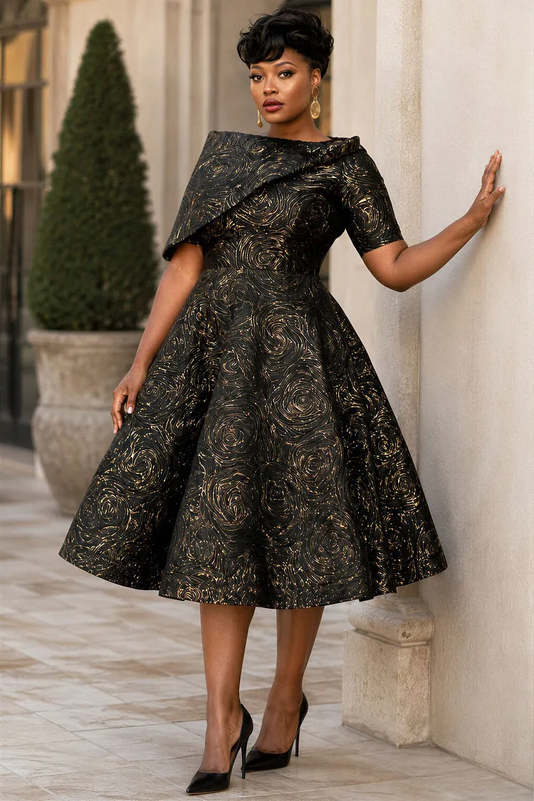 Xpluswear Design Plus Size Churchs Black Asymmetrical Collar Short Sleeve Pocket Midi Dresses [Pre-Order] 2024 - Xpluswear