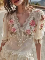 Vintage Bohemian Pink Rose Pearl String V-neck Short Sleeve Top