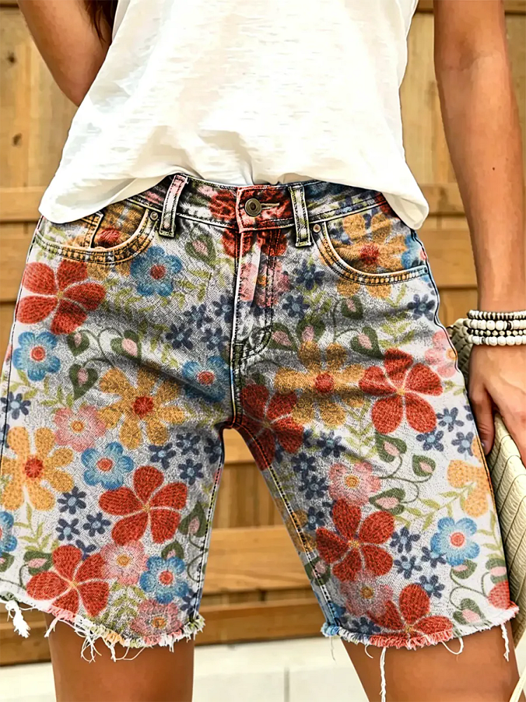 Ethnicity Bohemia Flowers Women's Art Print Casual Denim Shorts
