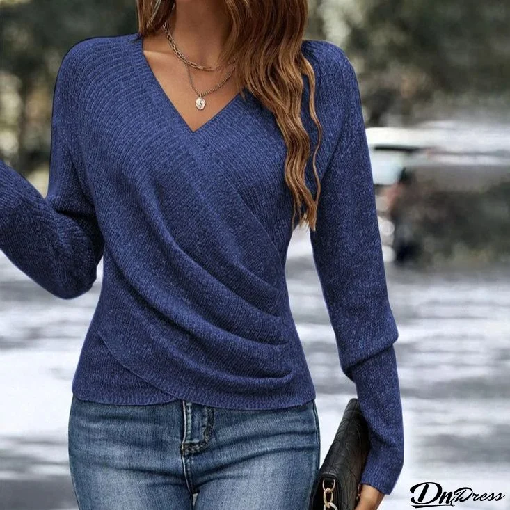 Navy Plain V-Neck Long Sleeve Sweater
