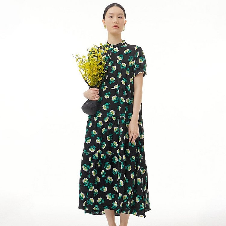 Vintage Half Stand Collar Floral Printed Short Sleeve Dress  