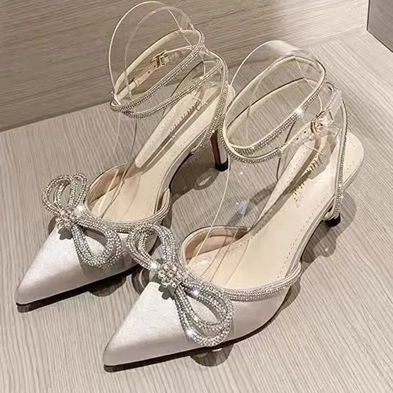 Qjong Women High Heel Sandals Rhinestone Woman Pumps Pearl Crystal Bowknot Ankle Strap Ladies Prom Shoes Women Female Footwear