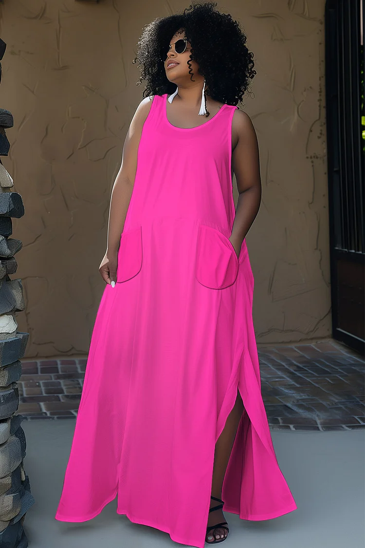 Xpluswear Design Plus Size Magenta Round Neck Sleeveless Sundress With Pocket Split Maxi Dress [Pre-Order]