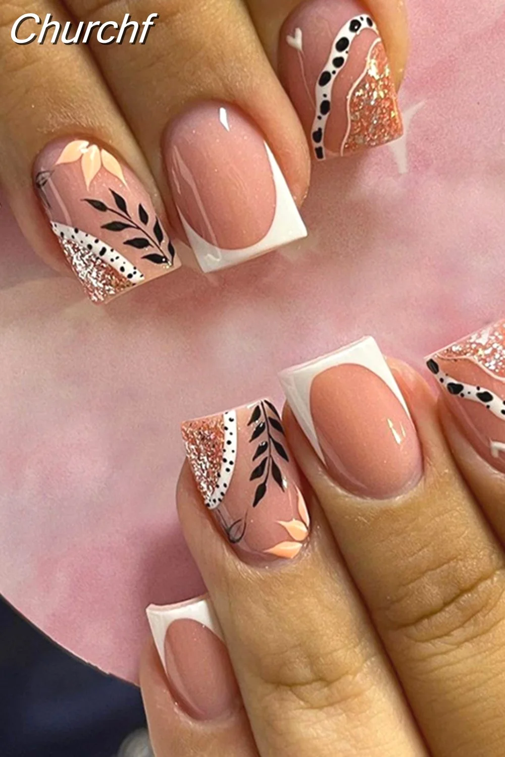 Churchf French White Side False Nails Wearable Rhinestone Desgin Fake Nails Short Simple Nail Full Cover Nail Tips Press On Nails-Nail Inspo