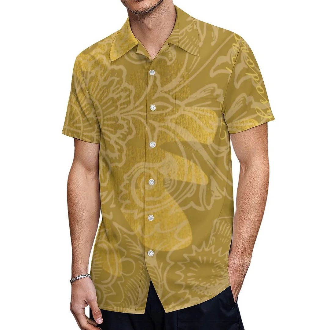 Elegant Gold Leaf Ocher Classic Pattern Hawaiian Shirt Mens Button Down Plus Size Tropical Hawaii Beach Shirts
