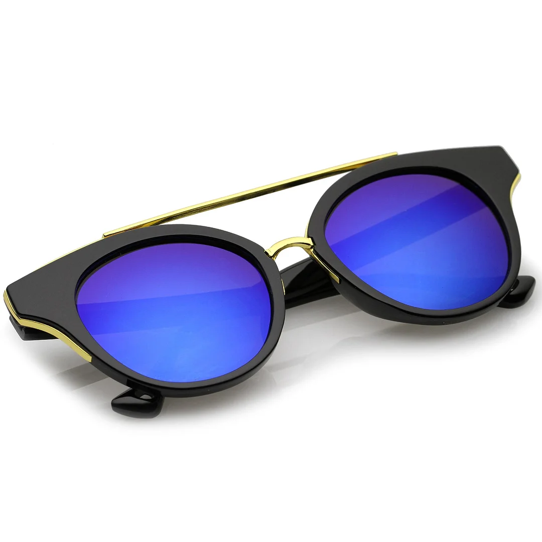 Double Nose Bridge Round Colored Mirror Lens Cat Eye glasses 51mm